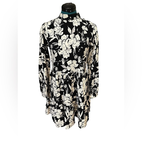 Zara Dress XS Black White Floral High Neck Mini Flair Boho Peasant Oversized - Picture 4 of 8